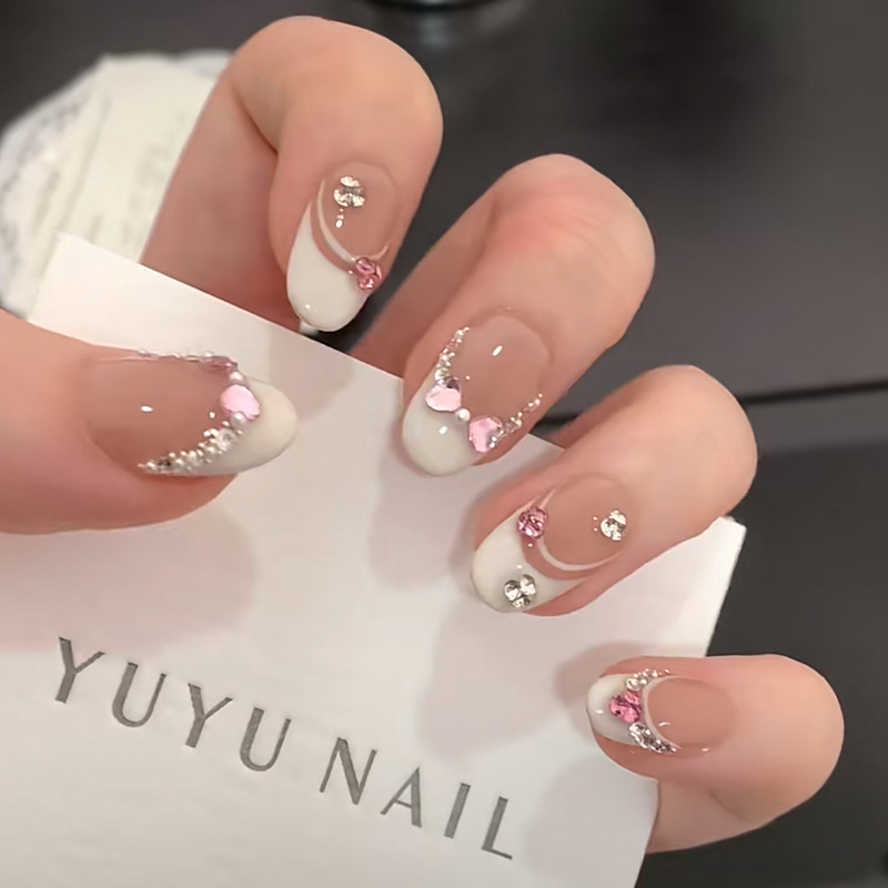 Nail Art Fake Nails - 10Pcs White French Pink Heart Diamond