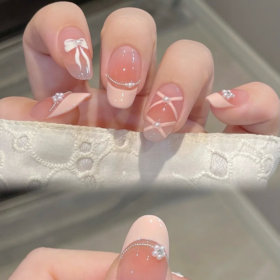10Pcs White French Pink Heart  - đánh giá và giá Nail Art Fake Nails