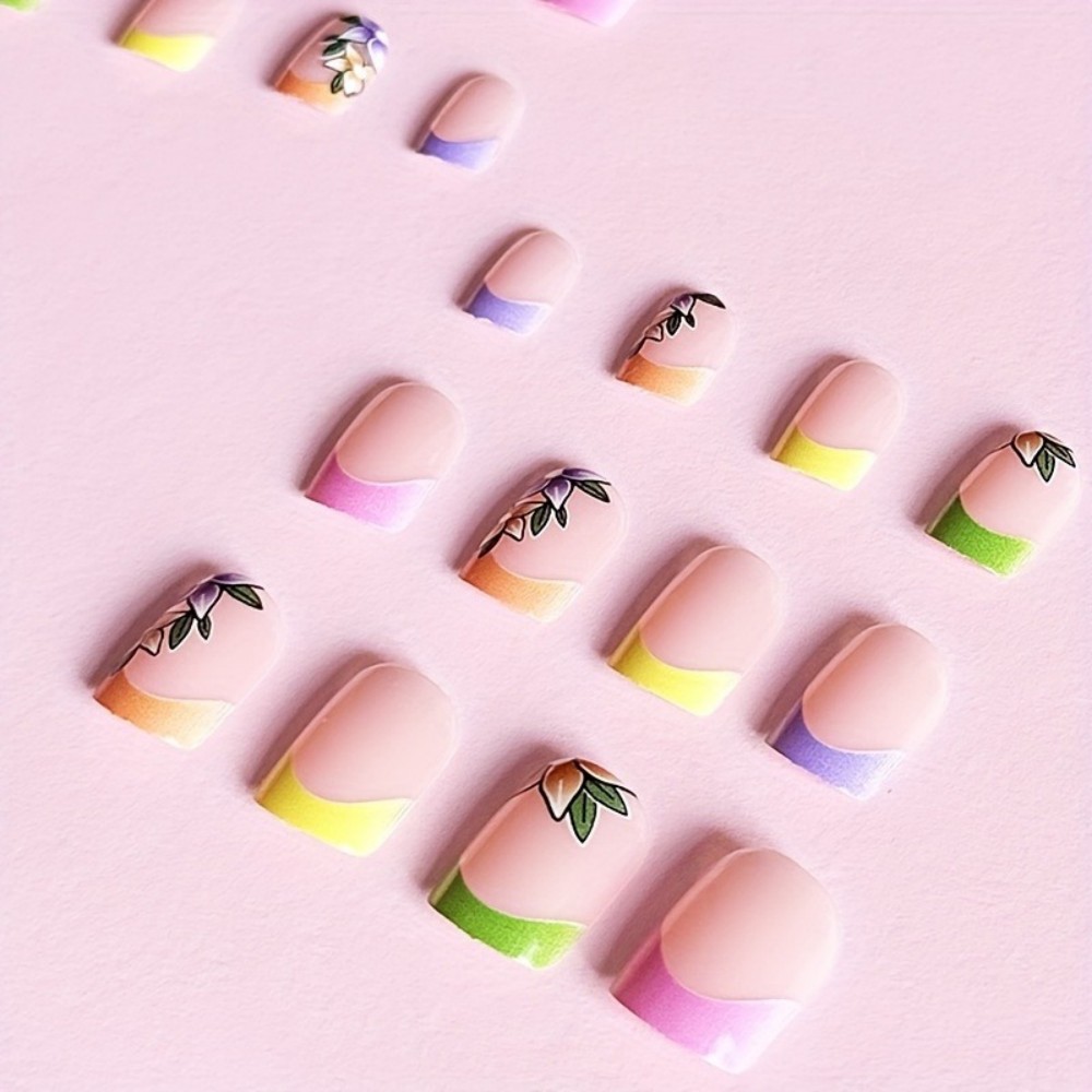 24Pcs Pink Floral French Tip G - đánh giá và giá Nail Art Fake Nails